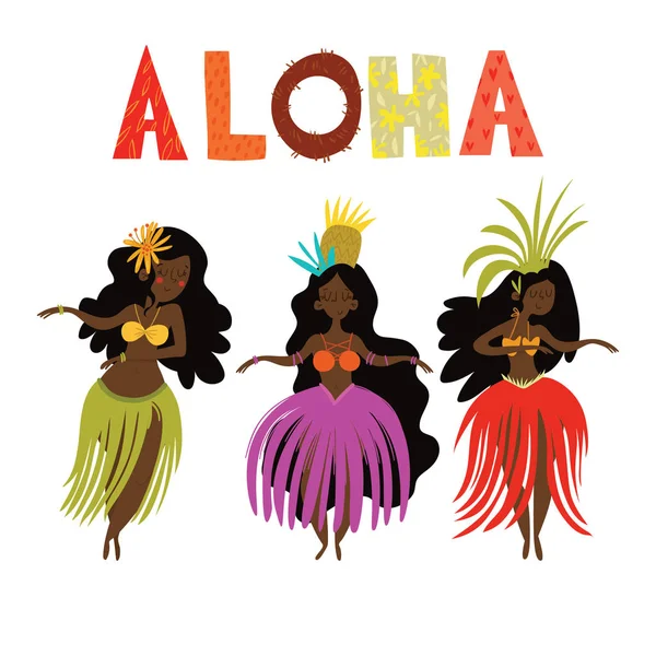 Aloha Hawaii Karty Havajské Hula Girls Kreslené Vektorové Ilustrace Koncepce — Stockový vektor