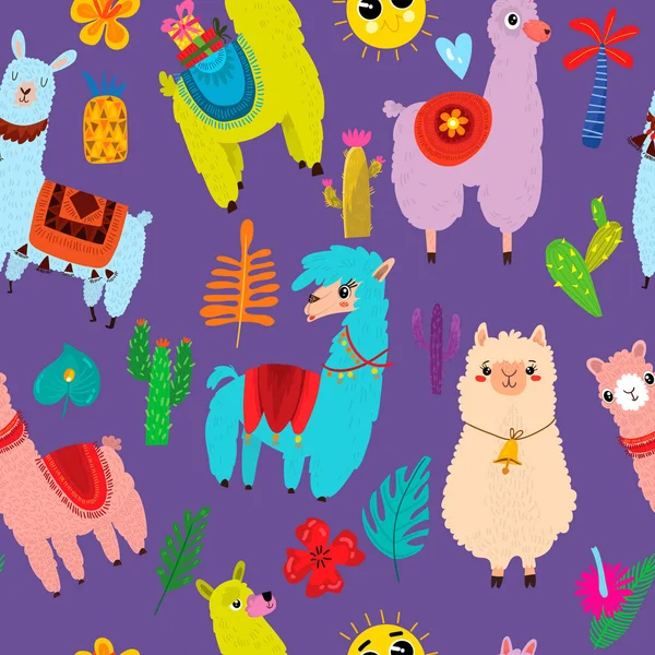 Çizgi film Lama, alpaka, kaktüs ve yaprakları ile seamless modeli. Arka plan-ebilmek var olmak kullanılmış için duvar kağıtları, desen dolgularını, yüzey dokuları.