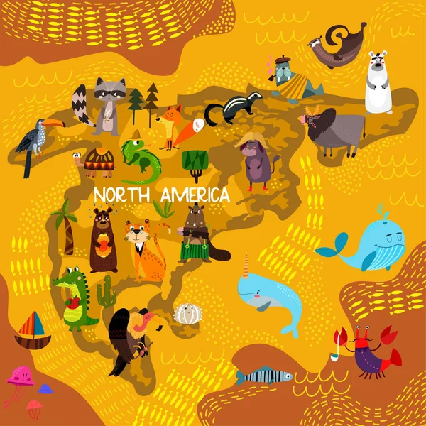 卡通世界地图与传统动物 北美洲的图解地图 儿童学前教育和幼儿设计的矢量图解 — 图库矢量图片