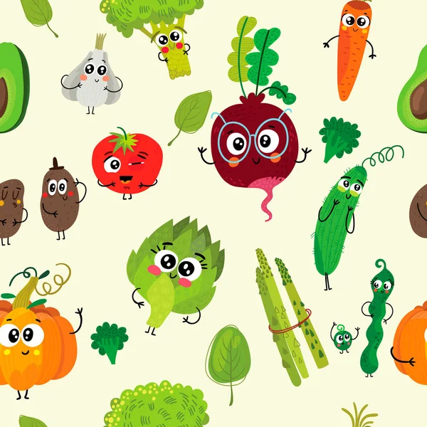 Vegetarian Seamless Pattern Cartoon Funny Vegetable Broccoli Tomatoes Garlic Pumpkin — Stock Vector