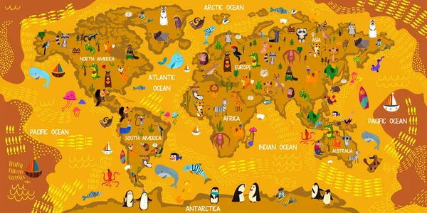 Карта Животного Мира Мультфильмов Animals All World Oceans Continents Great — стоковый вектор