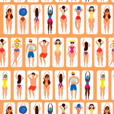 Yaz plaj üzerinde kişi ile seamless modeli. Yaz saati tatil, bikini güneşlenme kadınlar. Arka plan-ebilmek var olmak kullanılmış için duvar kağıtları, desen dolgularını, yüzey dokuları.