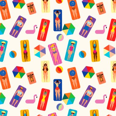 Yaz plaj üzerinde kişi ile seamless modeli. Yaz saati tatil, bikini güneşlenme kadınlar. Arka plan-ebilmek var olmak kullanılmış için duvar kağıtları, desen dolgularını, yüzey dokuları.