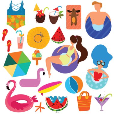Beyaz arka plan üzerinde izole renkli yüzmek Icon set. Vektör el çizilmiş öğeleri
