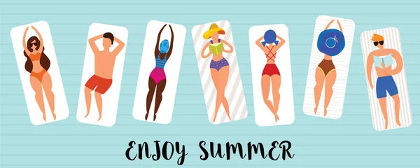 Summer Horizontal Banner Funny Characters Sunbathing Beach Beach Background Pool — Stock Vector