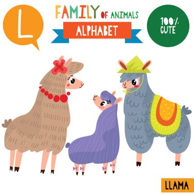 karikatür tarzı alfabe afiş aile Lama hayvan ve L harfi, vektör çizim ile