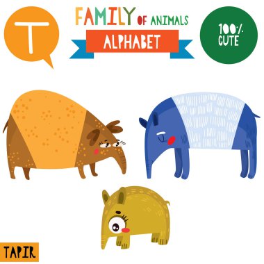 cartoon style alphabet banner with family of tapir animals and T letter, vector illustration clipart