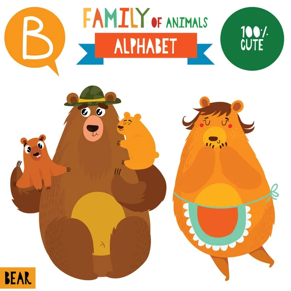 Bannière Alphabet Style Dessin Animé Avec Famille Ours Animaux Lettre — Image vectorielle