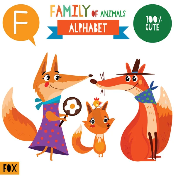 卡通风格字母表横幅与狐狸动物和 字母的家庭 向量例证 — 图库矢量图片