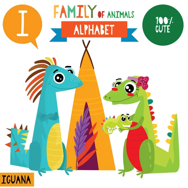 Cartoon Style Alphabet Banner Family Iguana Animals Letter Vector Illustration — Stock Vector