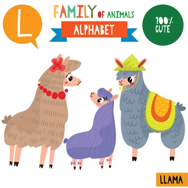 ラマ動物と の文字 ベクトル図の家族と一緒に漫画スタイルのアルファベット バナー — ストックベクタ