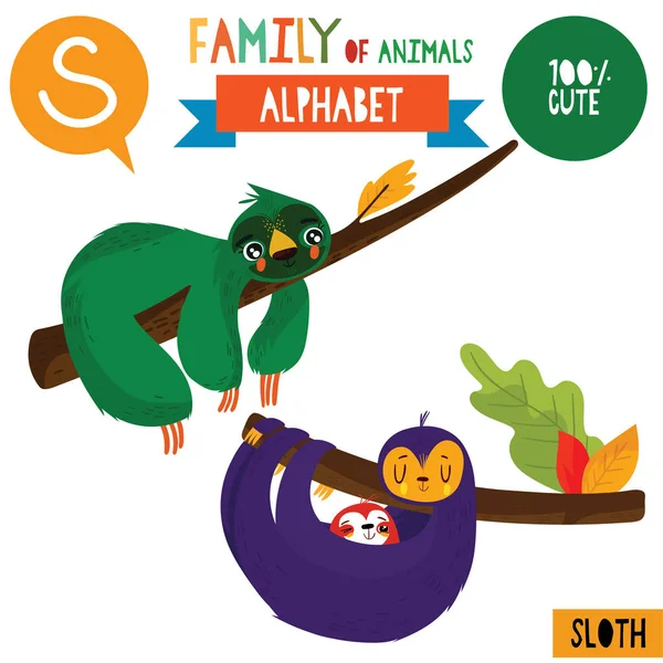 Cartoon Style Alphabet Banner Family Sloth Animals Letter Vector Illustration — Stock Vector