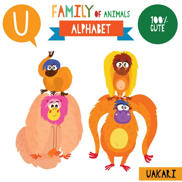 Banner Alfabeto Estilo Cartoon Com Família Animais Uakari Letra Ilustração —  Vetores de Stock