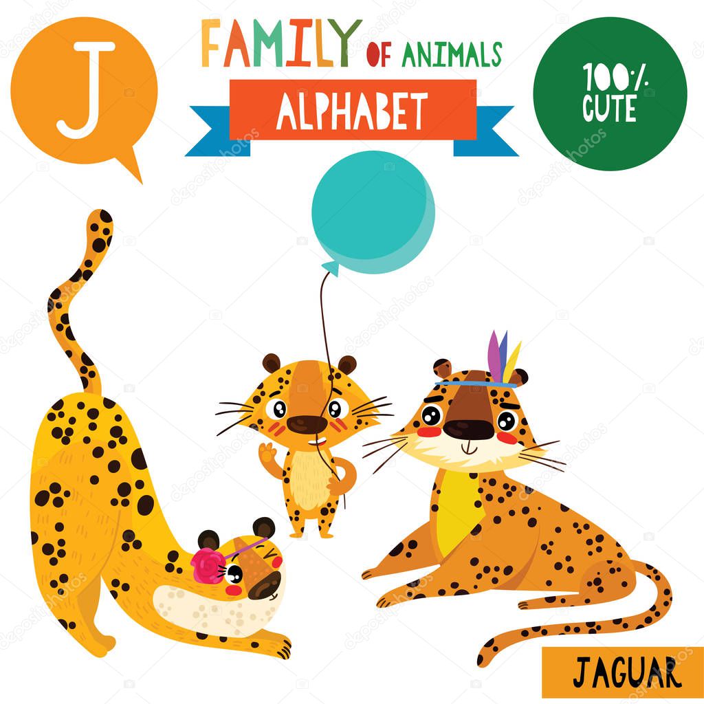 cartoon style alphabet banner with family of jaguar animals and J letter, vector illustration