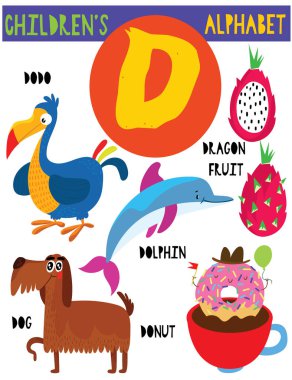 Sevimli hayvanlar ve diğer şeyler ile D.Cute çocuk alfabesi harfi. Poster çocuklar İngilizce kelime öğrenme için. Çizgi film vektör çizim.