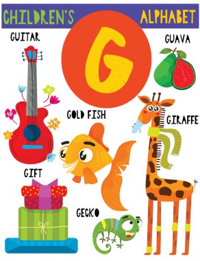 Sevimli hayvanlar ve diğer şeyler ile G.Cute çocuk alfabesi harfi. Poster çocuklar İngilizce kelime öğrenme için. Çizgi film vektör çizim.