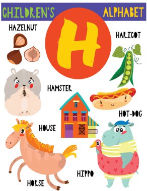 Sevimli hayvanlar ve diğer şeyler ile H.Cute çocuk alfabesi harfi. Poster çocuklar İngilizce kelime öğrenme için. Çizgi film vektör çizim.