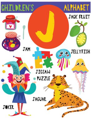 Sevimli hayvanlar ve diğer şeyler ile J.Cute çocuk alfabesi harfi. Poster çocuklar İngilizce kelime öğrenme için. Çizgi film vektör çizim.