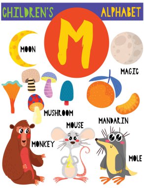 Sevimli hayvanlar ve diğer şeyler ile M.Cute çocuk alfabesi harfi. Poster çocuklar İngilizce kelime öğrenme için. Çizgi film vektör çizim.