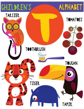 Letter T.Cute children's alphabet with adorable animals and other things.Poster for kids learning English vocabulary.Cartoon vector illustration. clipart