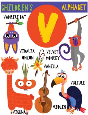 Sevimli hayvanlar ve diğer şeyler ile V.Cute çocuk alfabesi harfi. Poster çocuklar İngilizce kelime öğrenme için. Çizgi film vektör çizim.