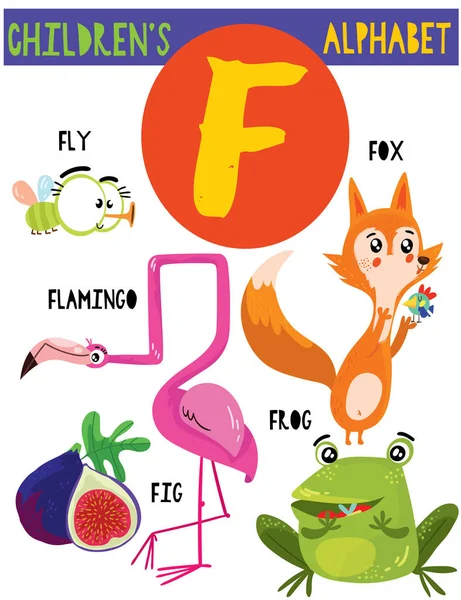 可爱的孩子的字母表与可爱的动物和其他东西 为孩子们学习英语词汇的海报 动画片向量例证 — 图库矢量图片
