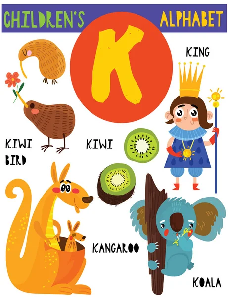 Letra Alfabeto Infantil Bonito Com Animais Adoráveis Outras Coisas Cartaz — Vetor de Stock