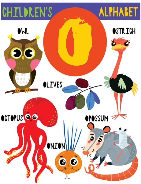 可爱的孩子们的字母表可爱的动物和其他东西 为孩子们学习英语词汇的海报 动画片向量例证 — 图库矢量图片