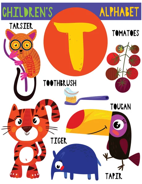 Letter Cute Children Alphabet Adorable Animals Other Things Poster Kids — стоковый вектор
