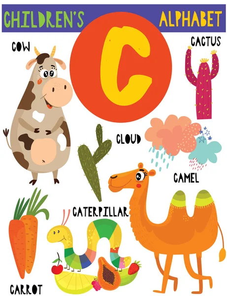 Letra Alfabeto Infantil Bonito Com Animais Adoráveis Outras Coisas Cartaz Vetor De Stock