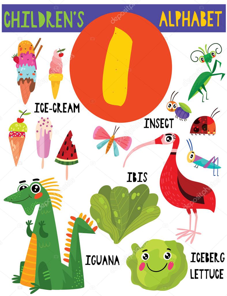 Letter I.Cute children's alphabet with adorable animals and other things.Poster for kids learning English vocabulary.Cartoon vector illustration.