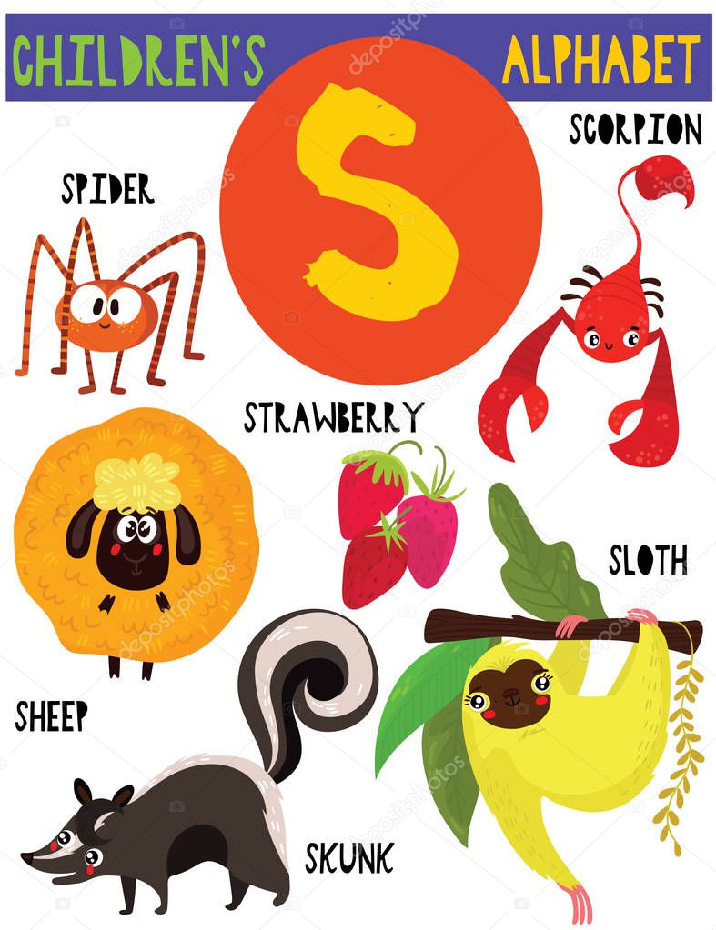 Letter S.Cute children's alphabet with adorable animals and other things.Poster for kids learning English vocabulary.Cartoon vector illustration.