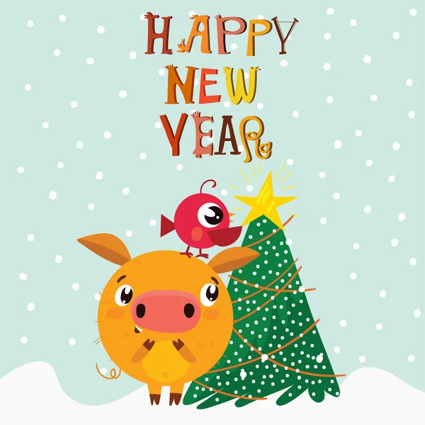 Carte Noël Vectorielle Avec Symbole 2019 Cochon Jaune Carte Voeux — Image vectorielle