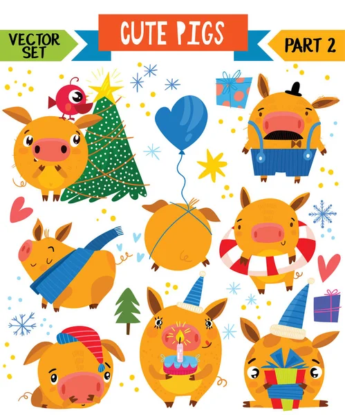Cartoon Cute Pigs Different Poses Part Vector Set Winter Decoration — Stock Vector