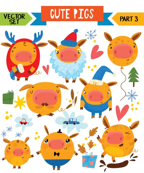 Cartoon Cute Pigs Different Poses Part Vector Set Winter Decoration — Stock Vector