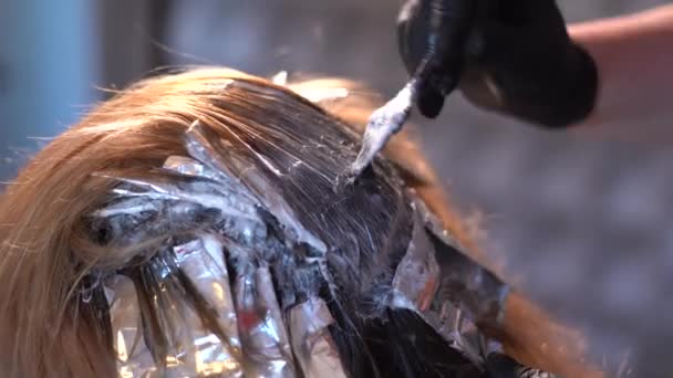 La joven pelirroja se tiñe el pelo en casa. Retrato — Vídeo de stock