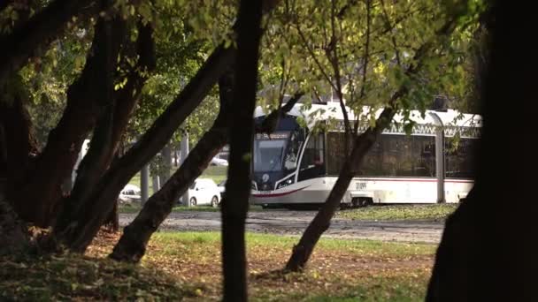 Nuovo, bianco, tram moderno arriva alla fermata finale — Video Stock