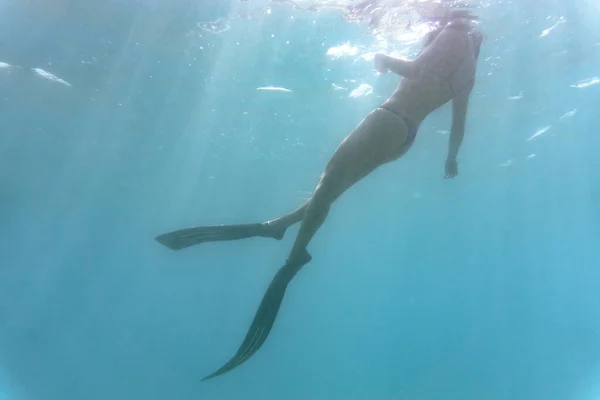 年轻的女人在海里潜水 女孩在海底用长鳍拍摄的水下照片 — 图库照片