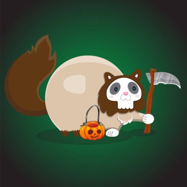 Cadılar Bayramı. Mutlu Cadılar Bayramı. Tırpanlı ve balkabaklı hayalet kedi. Vektör.