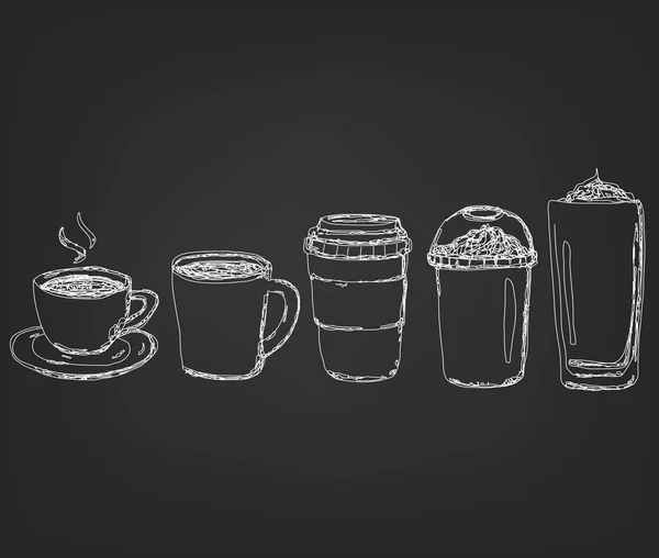 Кофе Напитки Чашки Руке Рисовать Стиль Белая Полоса Линия Черном — стоковый вектор