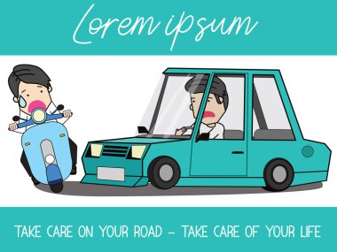 Hızı araba kaza açık neden poke bir motosiklet var. düz vektör çizim tasarım.