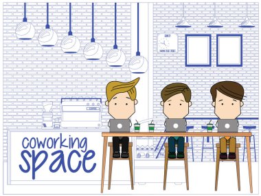  birlikte kahve dükkanında çalışan iş adamı. Komik düz vektör kavramı.