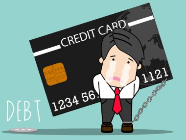 Kredi kartı borç yükü ayı çalışan adam. üzücü. çizgi film vektör çizim.