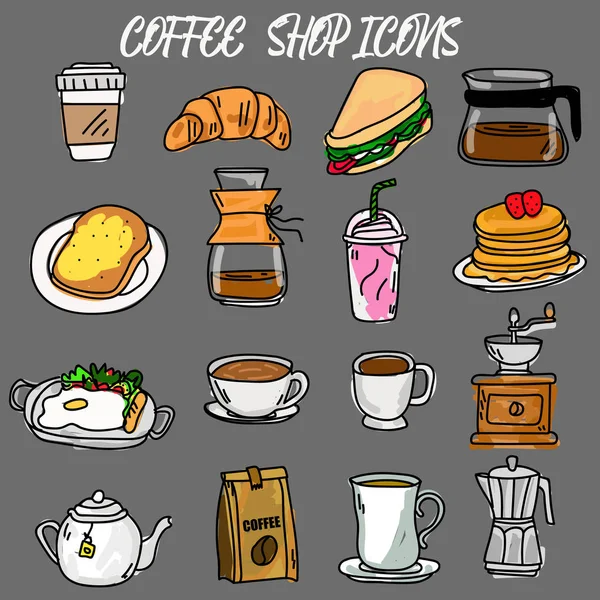 Ícones Para Cafés Cafés Manhã Estilo Cartoon Desenho Ilustração Vetorial — Vetor de Stock