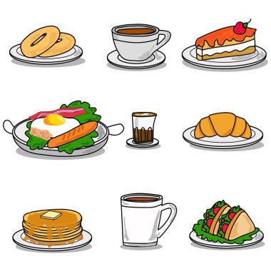 Kafe ve karikatür tarzı kahvaltı için simgeler. Vektör çizim tasarım.