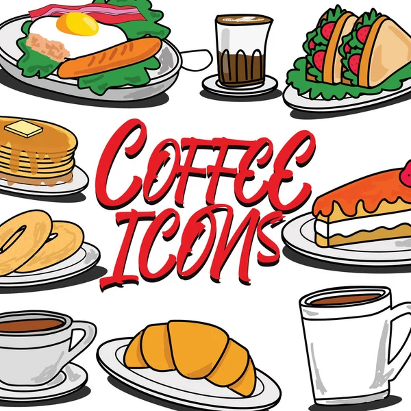 Iconos Para Café Desayunos Estilo Dibujos Animados Diseño Ilustración Vectorial — Vector de stock