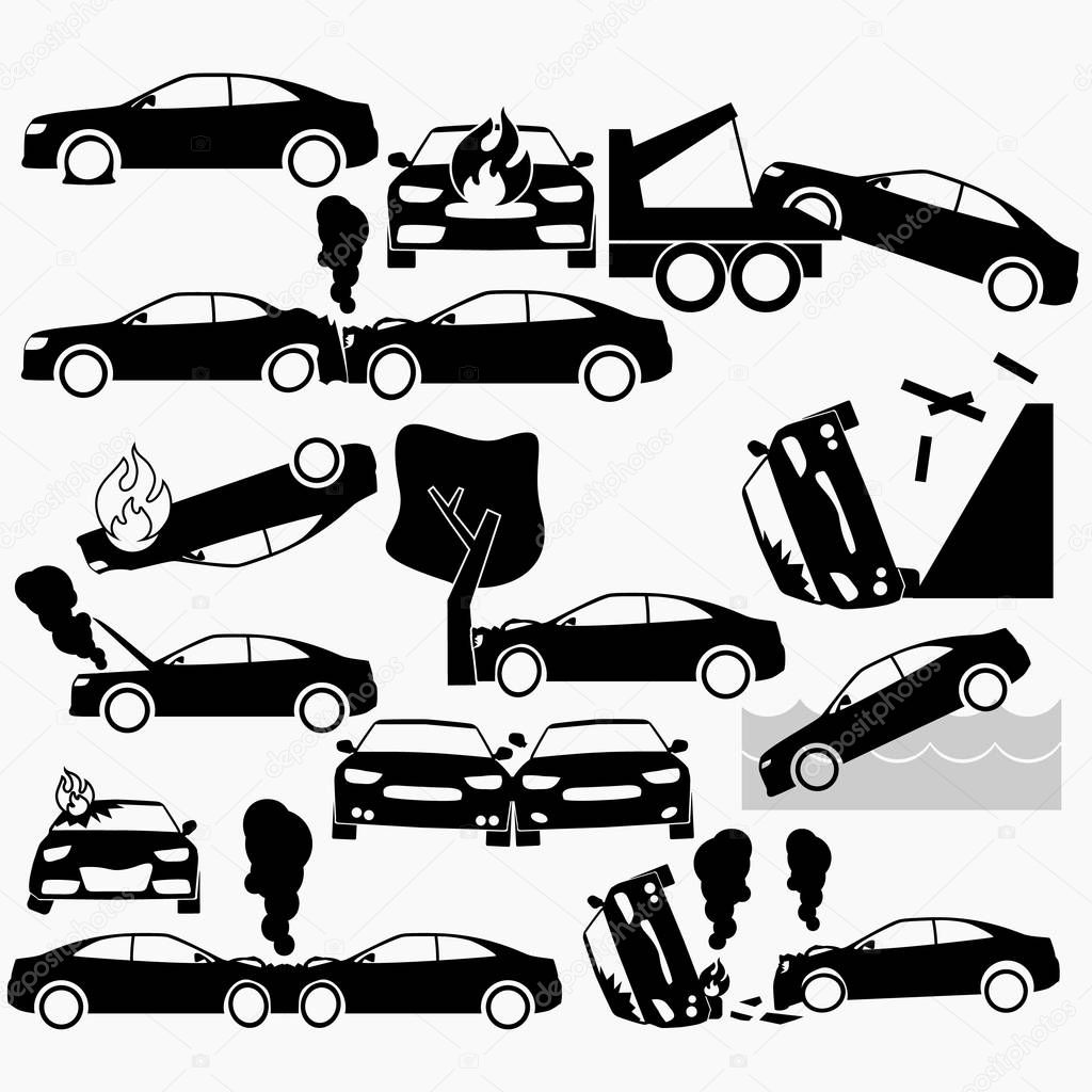 Car crash and accidents on silhouette 