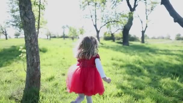 Glad liten flicka i röd klänning och hatt springa och ler i parken. Långsamma rörelser. — Stockvideo