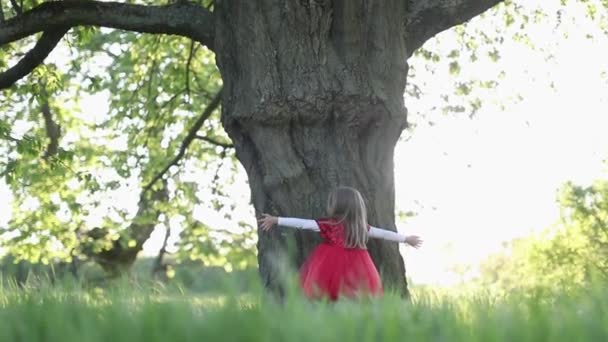 SLOW MOTION Щаслива мила блондинка дівчинка в червоній сукні торкається дерева — стокове відео