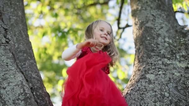 SLOW MOTION Glückliches süßes blondes Mädchen in rotem Kleid berührt den Baum — Stockvideo